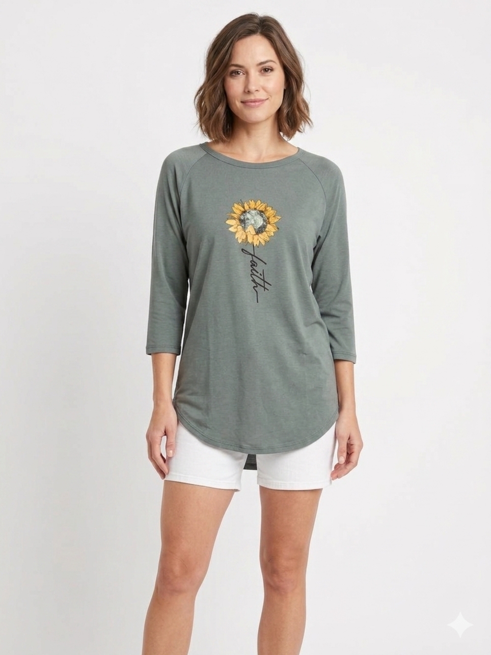 Women's Olive Green Sunflower Graphic 3/4 Sleeve Top Up To Size 3XL